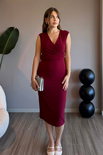 Aventien Βουργουνδία φόρεμα με αξεσουάρ διπλό γιακά