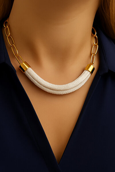 Kutcha Accessories Chain Short Necklace with Braided Detail – with Gold Colored Touches