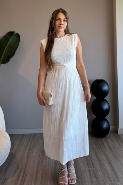 Aventien Bel Detaylı Piliseli Beyaz Midi Elbise