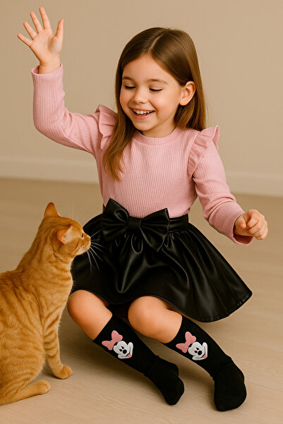 özge başaran Leather Skirt, Pink Badi and Knee Socks Set for 6-9 Months to 6 Years