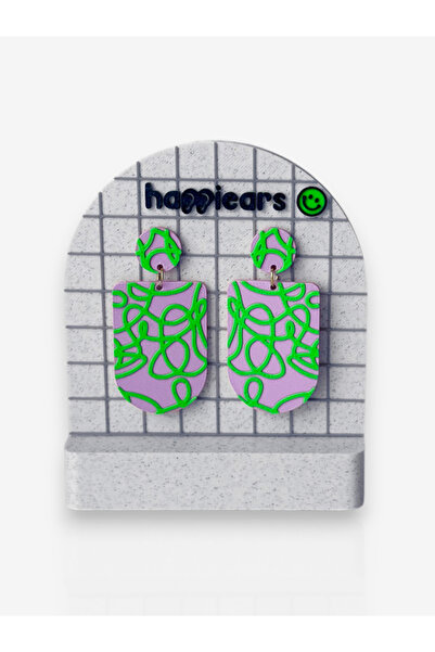 Happiears Mor Zemin Üzerine Neon Yeşil Desenli Özel Tasarım Küpe