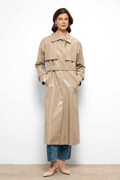 Olcay Raglan Sleeve Cape and Punto Stitching Detailed Leather Trench Coat Stone 6754