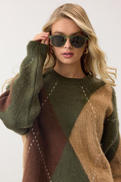 Olcay Baklava Pattern Oversize Knitwear Sweater Khaki 8272