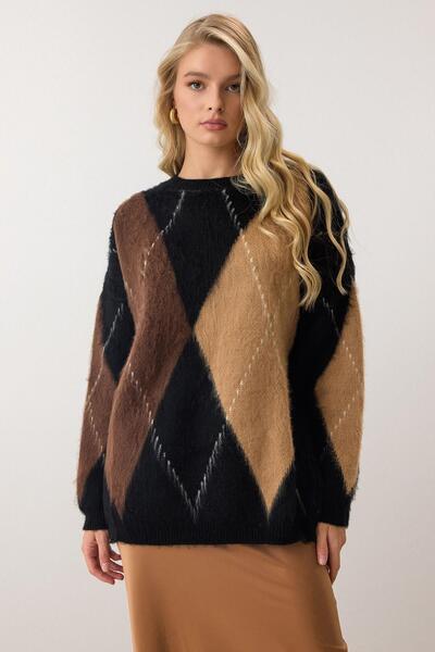 Olcay Baklava Pattern Oversize Knitwear Sweater Black 8272