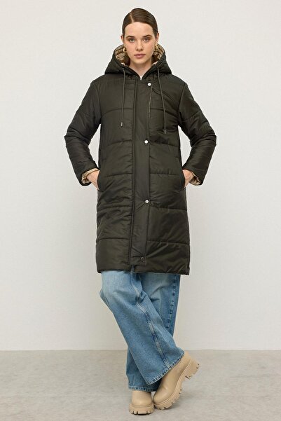 Olcay Hooded Garni Detailed Quilted Coat Khaki 6782