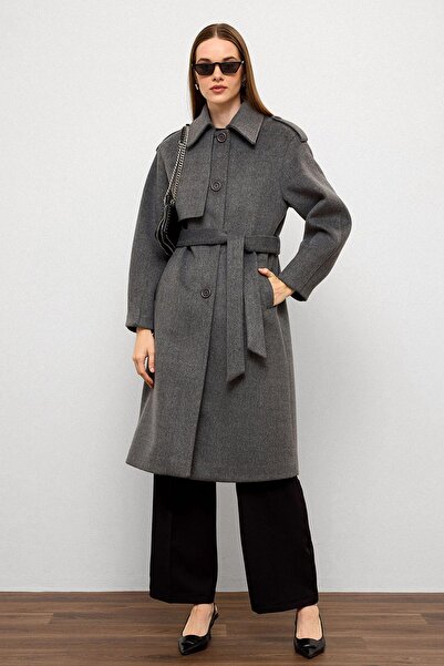 Olcay Shirt Collar Punto Stitching Detailed Premium Coat Gray 3125