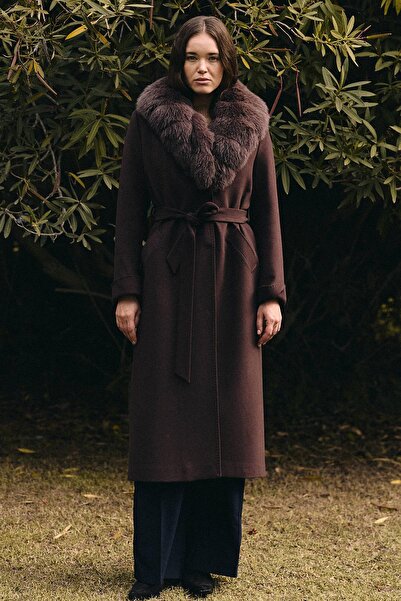 Olcay Detachable Fur Belted Long Cashmere Coat K. Brown 3133-Tk