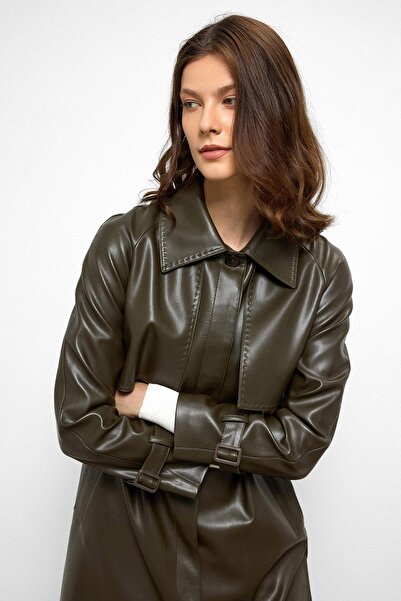 Olcay Реглан з рукавами-крилами та деталями з пунтовим швом Шкіряний тренч HAKİ 6754