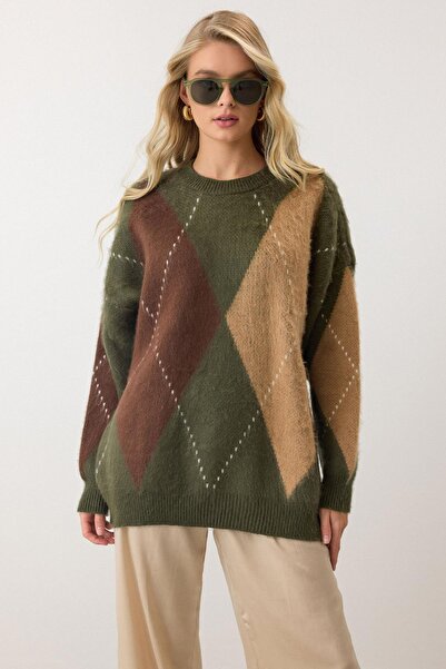 Olcay Baklava Pattern Oversize Knitwear Sweater Khaki 8272