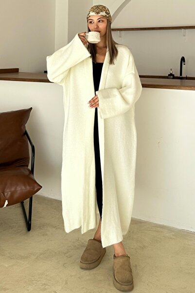 Olcay Oversize Thick Knitwear Long Cardigan Ecru 8274