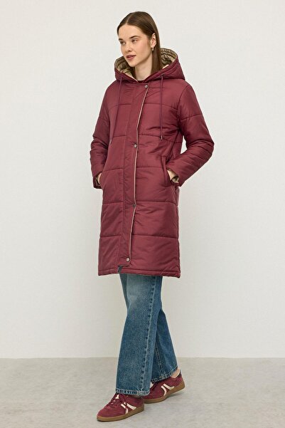 Olcay Hooded Garni Detailed Quilted Coat Bordo 6782