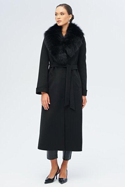 Olcay Detachable Fur Belted Long Cashmere Coat Black 3133-Tk