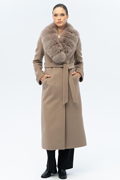 Olcay Detachable Fur Belted Long Cashmere Coat K. Kamel 3133-Tk