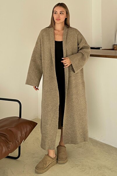 Olcay Oversize Kalın Triko Uzun Hırka VİZON 8274