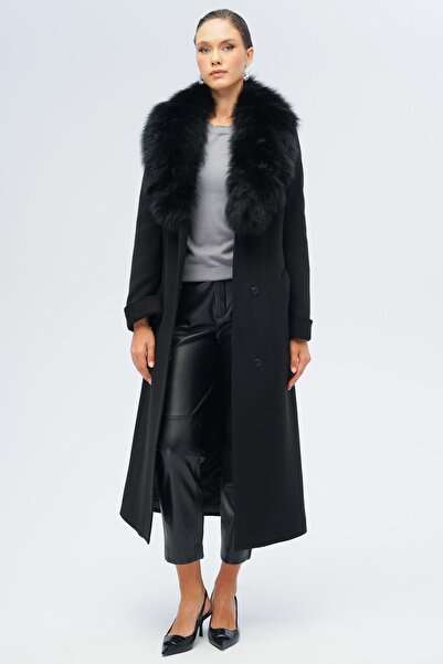 Olcay Detachable Fur Belted Long Cashmere Coat Black 3133-Tk