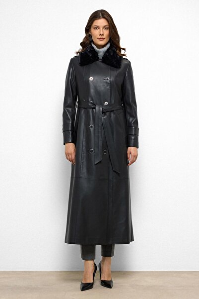 Olcay Yakası Çıkabilen Kürklü Kruvaze Deri Görünümlü Uzun Trençkot SİYAH 6676