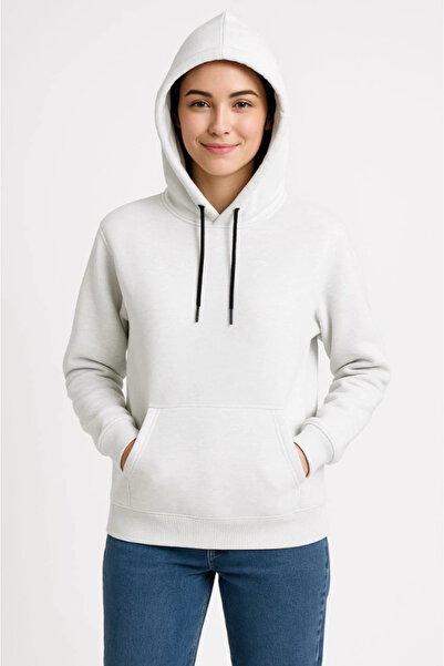 ELLA Three Thread Hooded Kangaroo Pocket Sweatshirt Hoodie - White