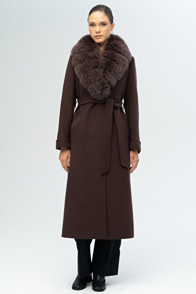 Olcay Detachable Fur Belted Long Cashmere Coat K. Brown 3133-Tk