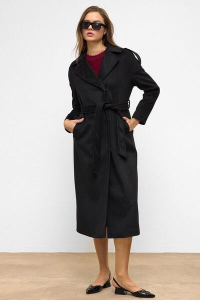 Olcay Epaulet Detailed Snap Closure Oversize Moher Coat Black 3147