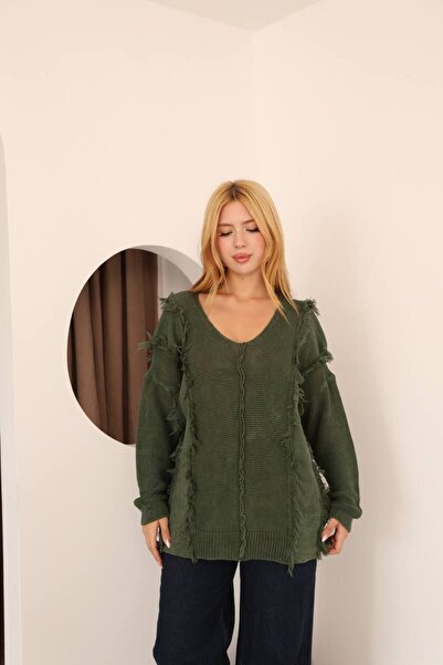 AYASOFYA OTANTIK Kadın Haki V Yaka Püskül Detaylı Uzun Kollu Eskitme Salaş Pa...