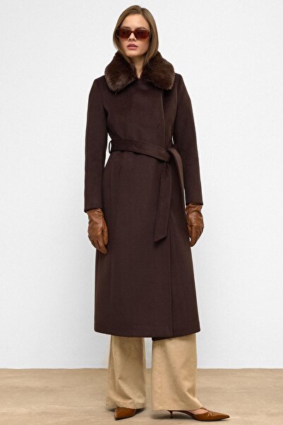 Olcay Premium Long Coat with Detachable Fur Collar and Punto Stitch Detail Brown 3092