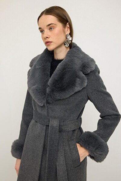 Olcay Long Coat with Detachable Fur Collar and Sleeves Dark Gray 3088
