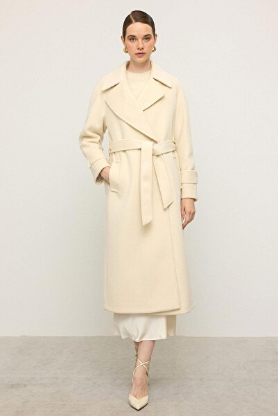 Olcay Reglan Sleeve Snap Closure Medium Length Coat Ecru 3145