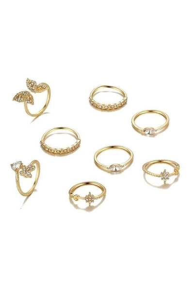 huitich طقم خواتم من الذهب على شكل فراشة وكريستال، 8 قطع مجوهرات أنيقة