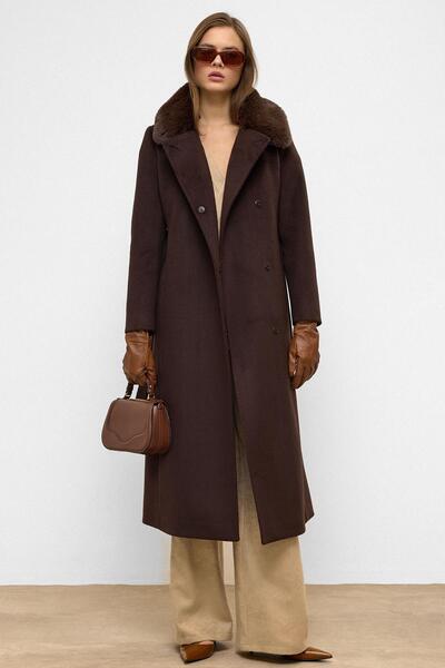 Olcay Premium Long Coat with Detachable Fur Collar and Punto Stitch Detail Brown 3092