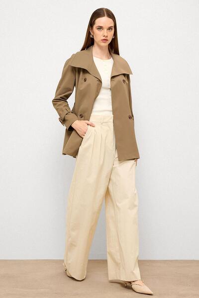 Olcay Kruvaze Reglan Kol Su İtici Özellikli Kısa Trençkot VİZON 6762