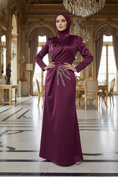 ALA MİRA Taşlı Fuşya Saten Tesettür Abiye Elbise ALM52019FU