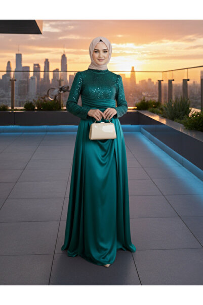 ALA MİRA Taşlı Beli Pliseli Petrol Yeşili Saten Tesettür Abiye Elbise ALM52043PY