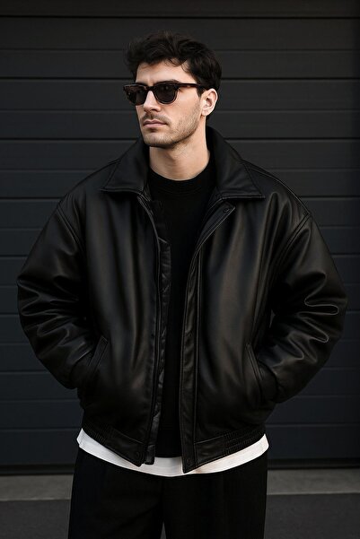 Delpino Oversize Siyah Deri Ceket