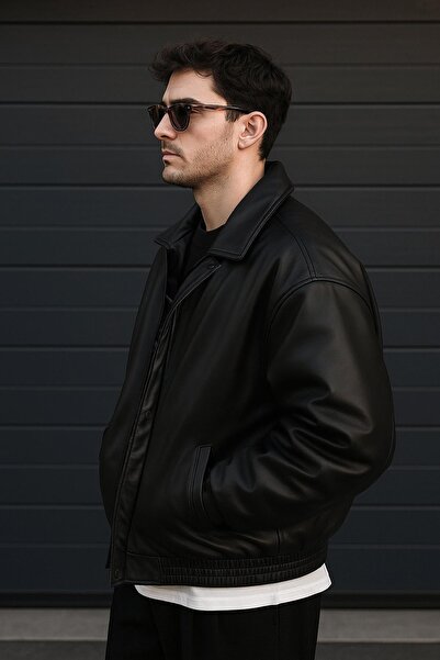 Delpino Oversize Siyah Deri Ceket