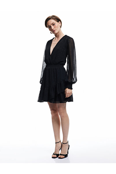 Koton Uzun Kollu Kruvaze Yaka Dokulu Katlı Gipeli Şifon Mini Elbise