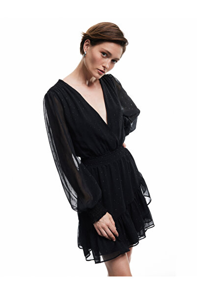 Koton Uzun Kollu Kruvaze Yaka Dokulu Katlı Gipeli Şifon Mini Elbise