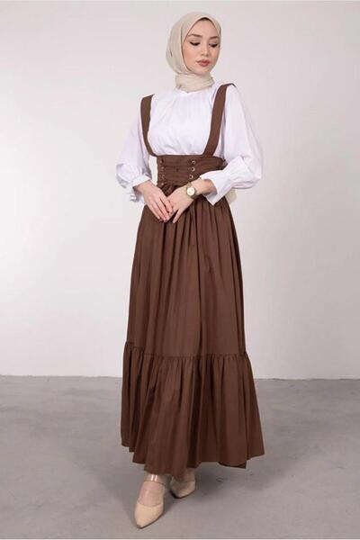 TRENDTESETTÜR Women's Brown Waist Tie Detail Salopet Dress t 60042