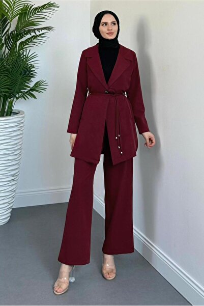 TRENDTESETTÜR Women's Bordo Lace Detail Pants Suit t 2226