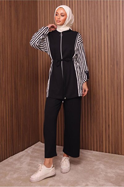 TRENDTESETTÜR KADIN SİYAH KAPÜŞONLU PANTOLONLU TAKIM T 0635