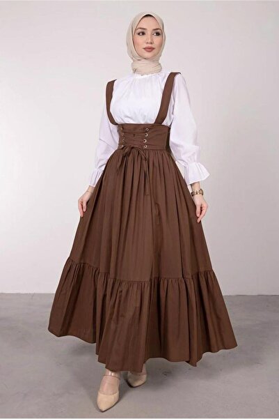 TRENDTESETTÜR Women's Brown Waist Tie Detail Salopet Dress t 60042