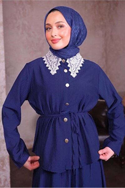 TRENDTESETTÜR Women's Navy Blue Lace Detail Skirt Suit t 7984