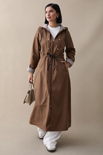 InStyle Çakımlı Çizgili Desen Uzun Trençkot - Taba
