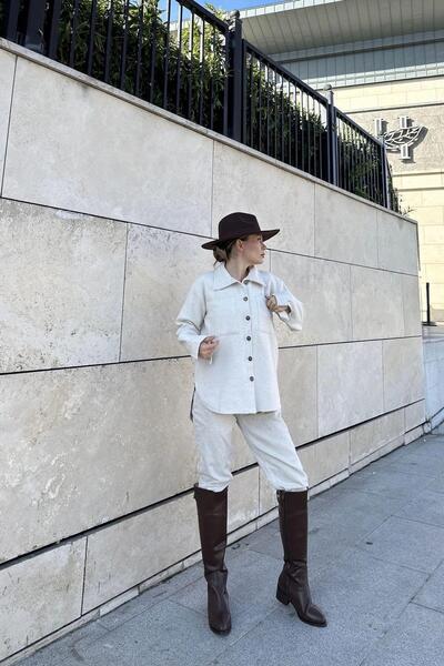 NEW LAVİVA Women's Ecru Pocket Detailed Buttoned Cashmere Shirt Jacket 700-3275