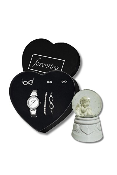 Forentina Gümüş Kaplama Sonsuzluk Kolye Bileklik Küpe Saat - Kar Küresi Hediy...