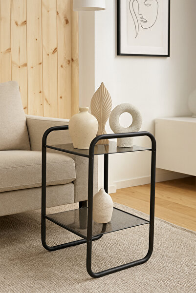 DEKOPRATİK Odessa Yan Sehpa - Siyah Metal Modern Yan Sehpa Füme Camlı – Şık Salon Sehpası