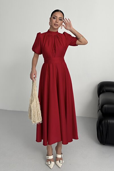 ALFUDO Moda Collection Nil Navy Blue Flared Skirt Short Sleeve Midi Length Satin Evening Dress Red