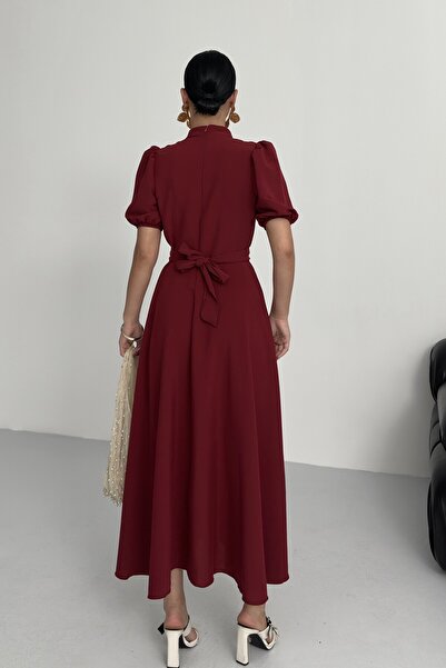 ALFUDO Moda Collection Nil Lacivert Kloş Etek Kısa Kol Midi Boy Saten Abiye Elbise Bordo