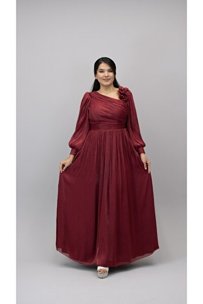 CAREZZA Florenza – Volan Etekli Çiçek Aplikeli Abiye - Bordo