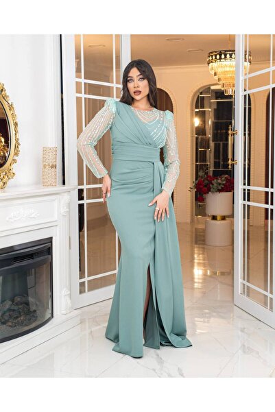 CAREZZA Elysia - Drapeli Taş İşlemeli Abiye - Turkuaz