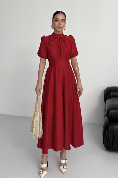 ALFUDO Moda Collection Nil Navy Blue Flared Skirt Short Sleeve Midi Length Satin Evening Dress Red